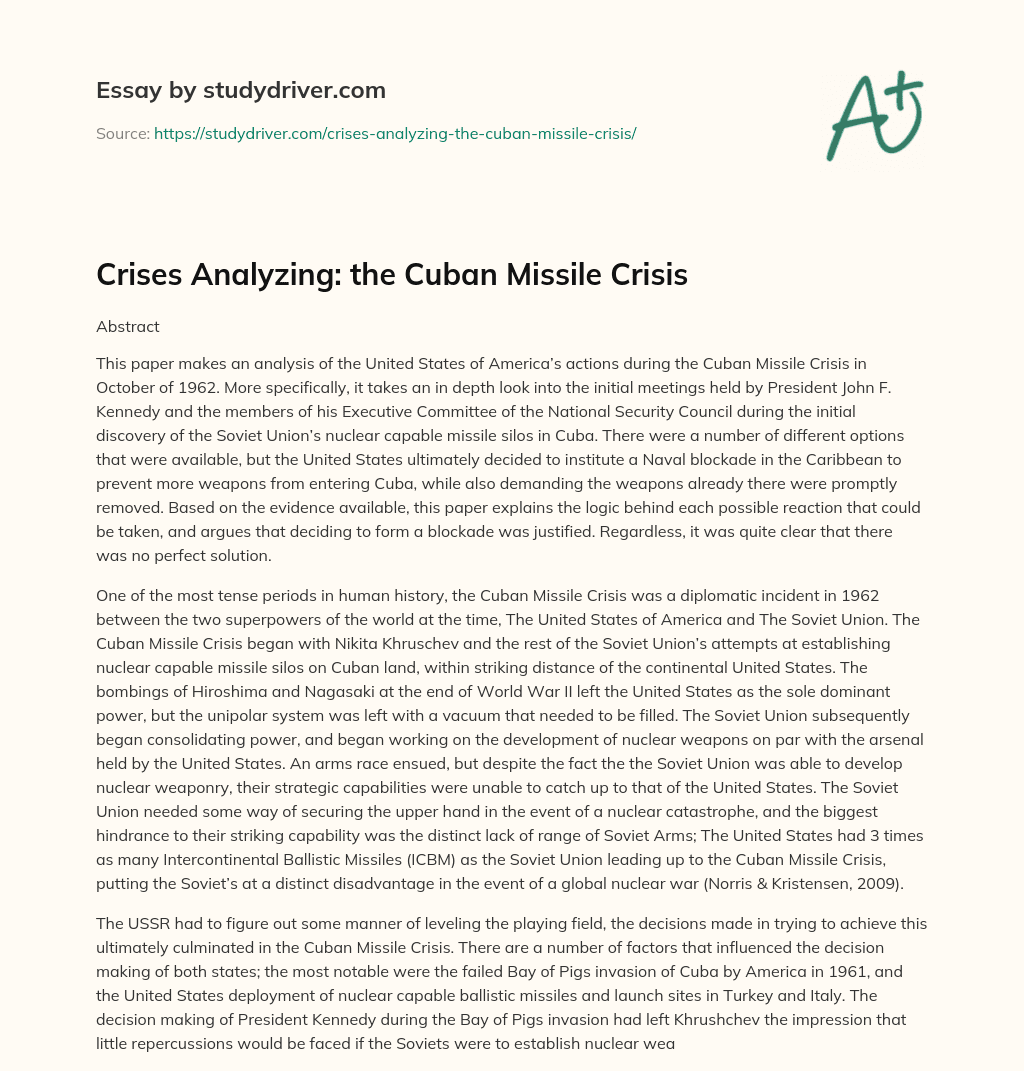 Crises Analyzing: the Cuban Missile Crisis essay