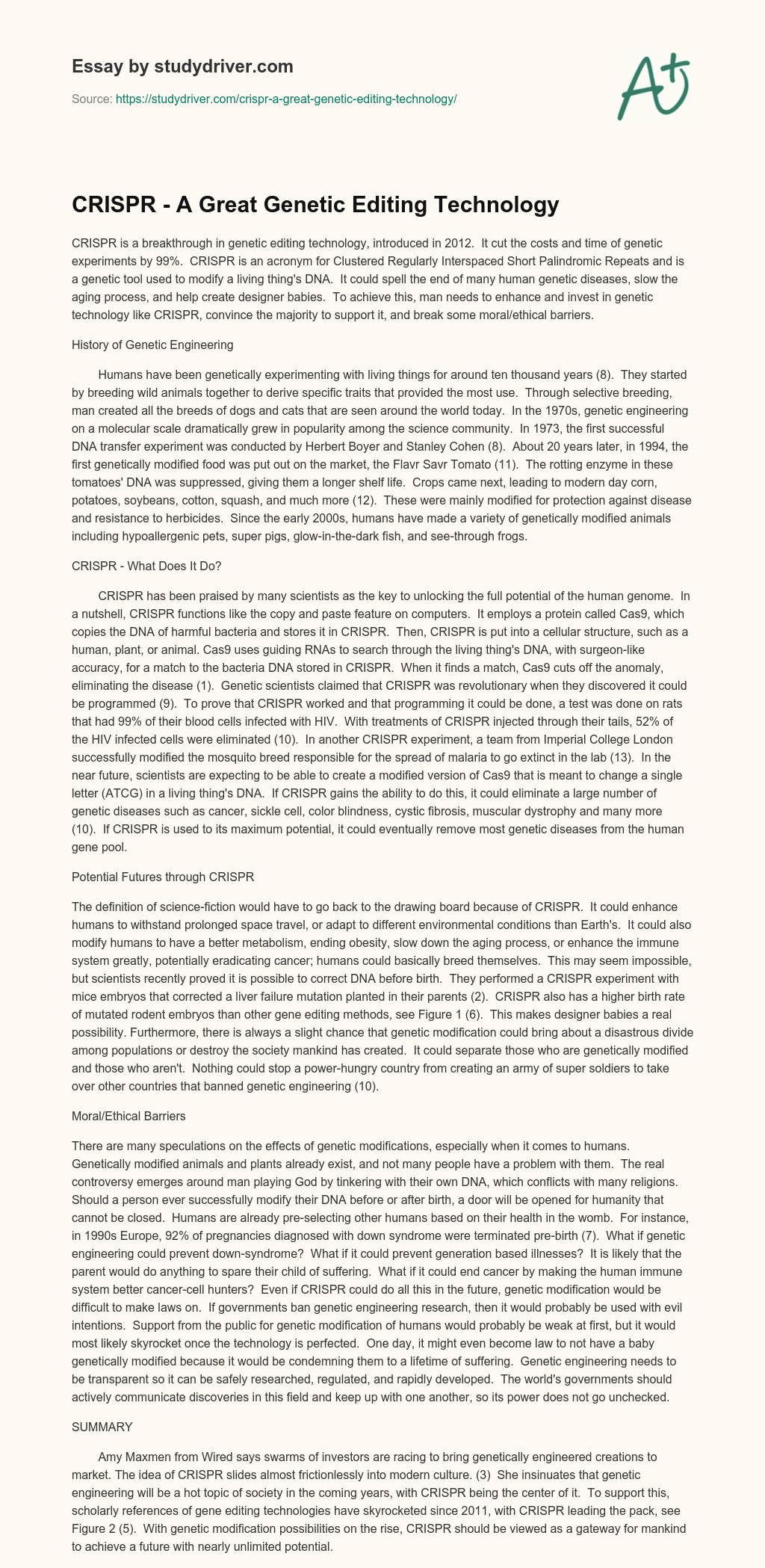 CRISPR – a Great Genetic Editing Technology essay