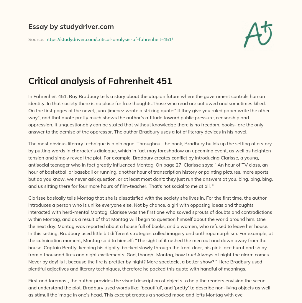Critical Analysis of Fahrenheit 451 essay