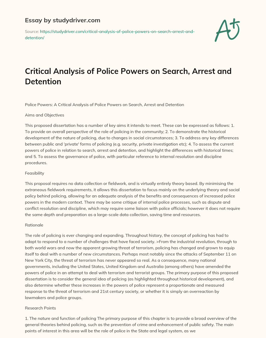 Critical Analysis of Police Powers on Search, Arrest and Detention essay