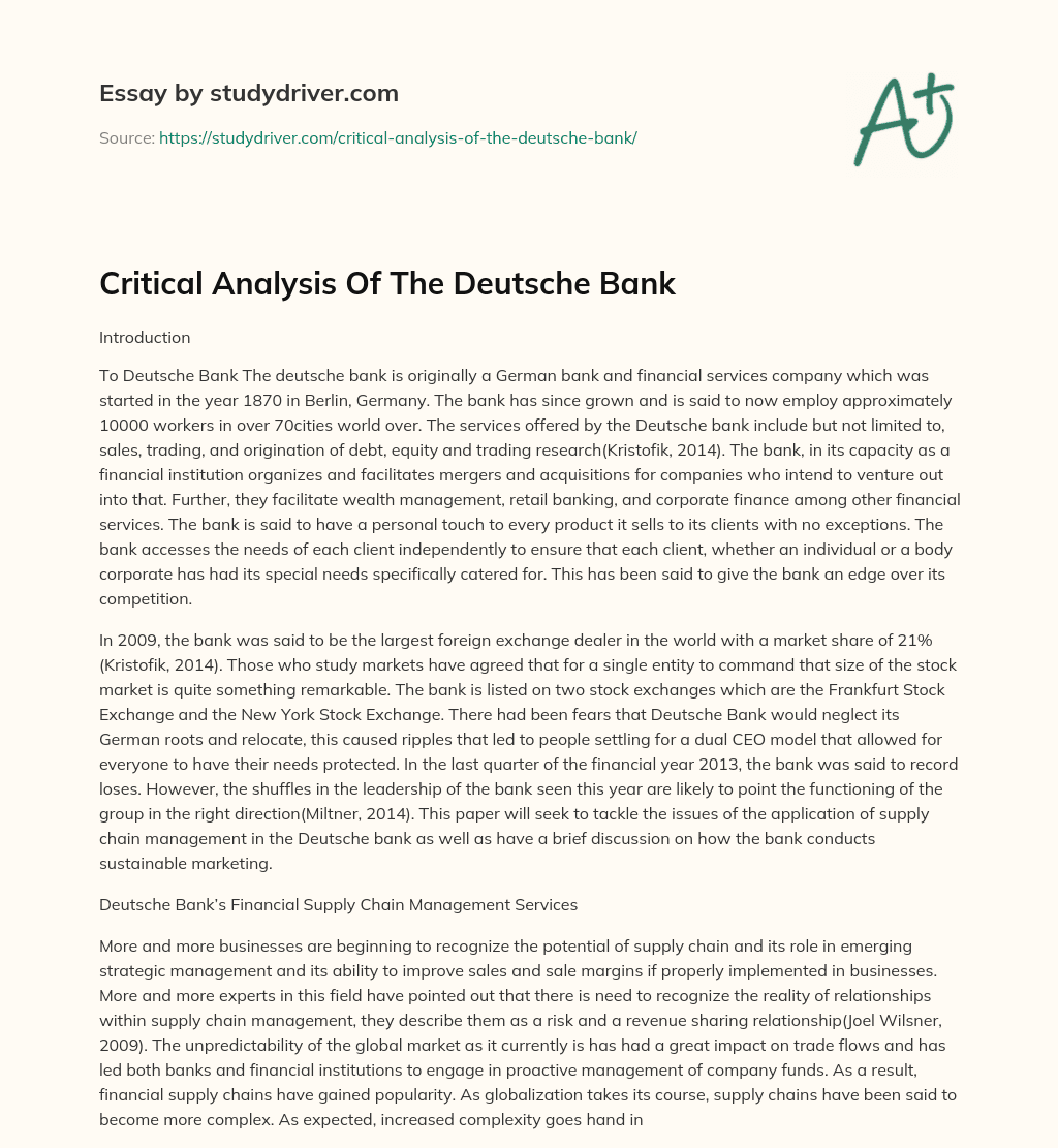 Critical Analysis of the Deutsche Bank essay