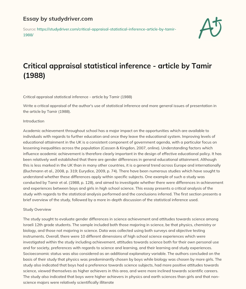 Critical Appraisal Statistical Inference – Article by Tamir (1988) essay