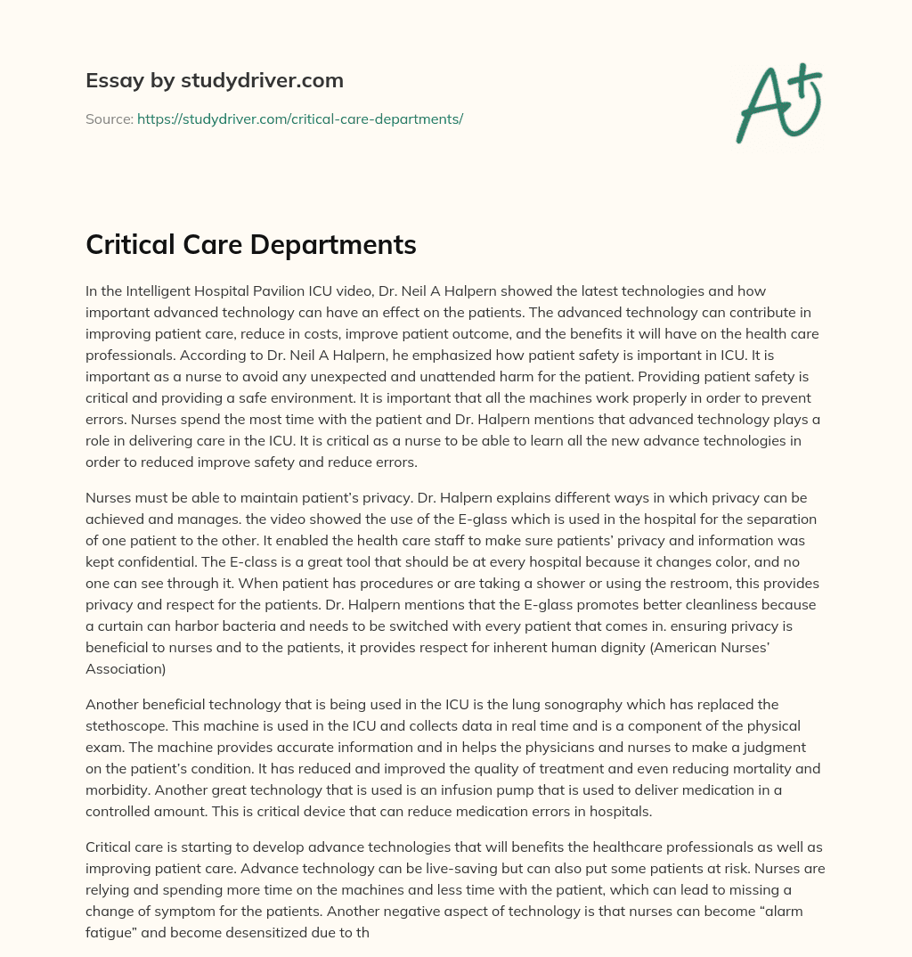 Critical Care Departments essay