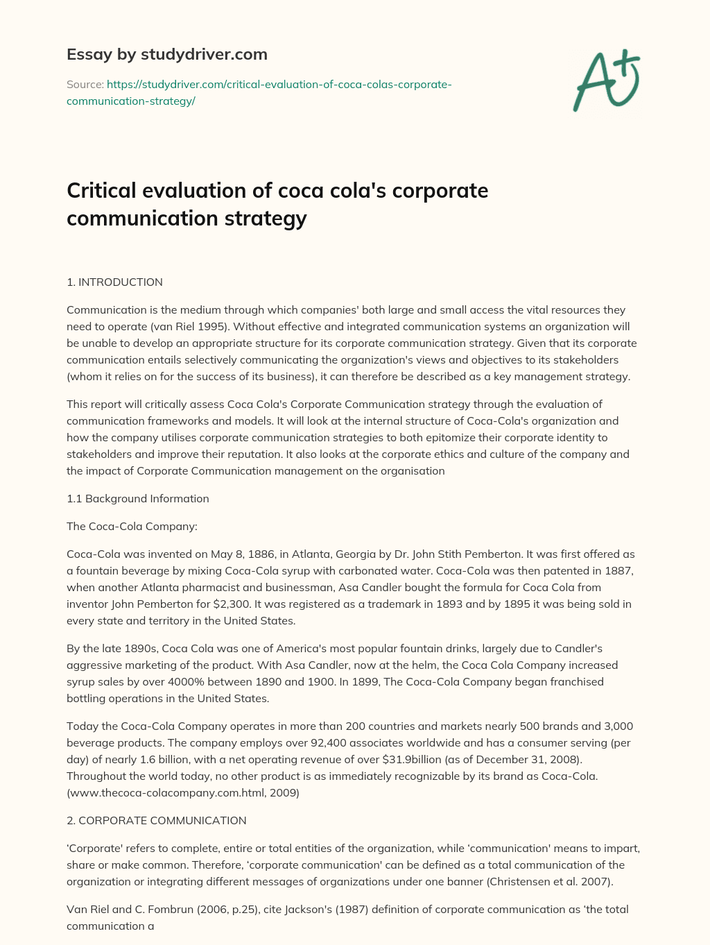 Critical Evaluation of Coca Cola’s Corporate Communication Strategy essay