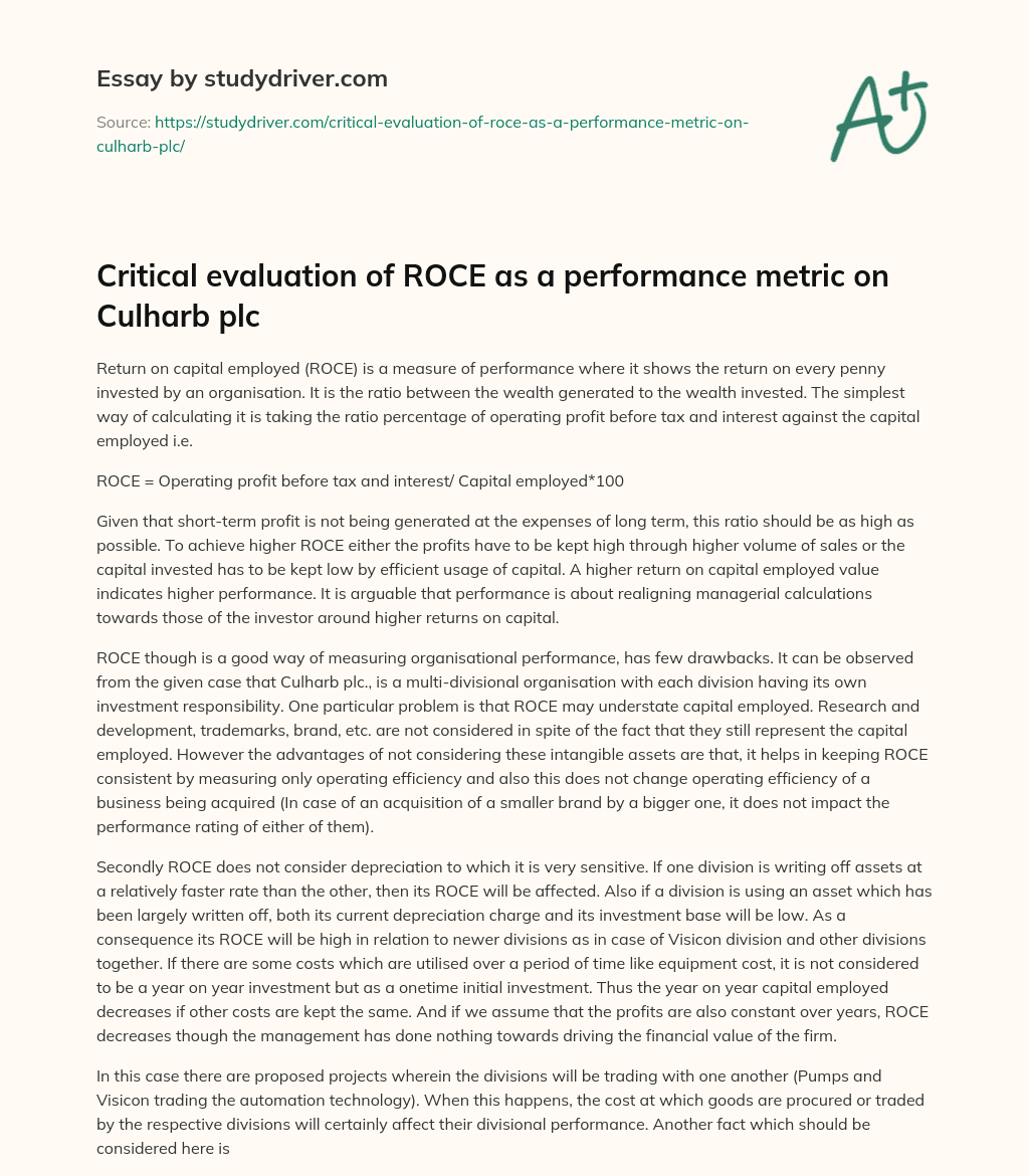 Critical Evaluation of ROCE as a Performance Metric on Culharb Plc essay