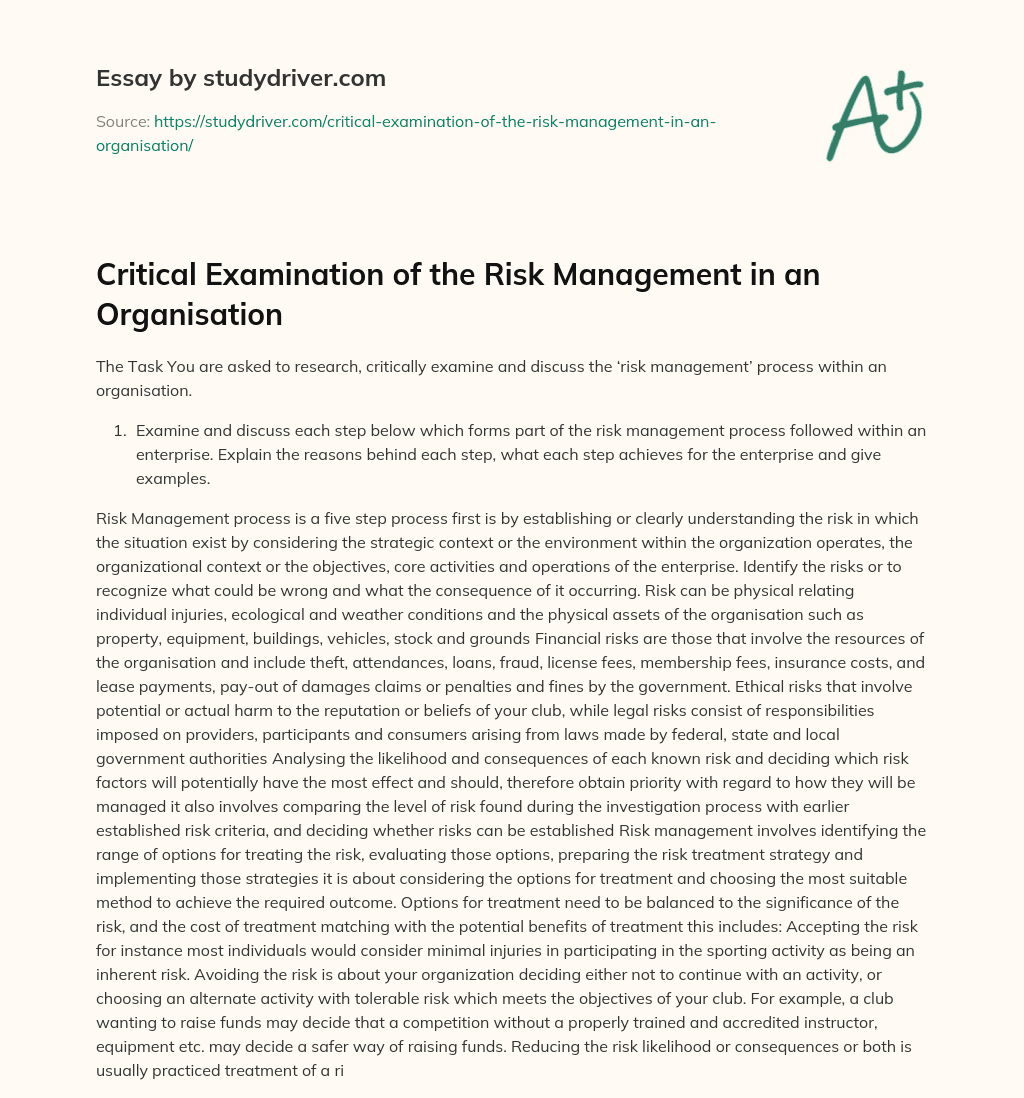 Critical Examination of the Risk Management in an Organisation essay