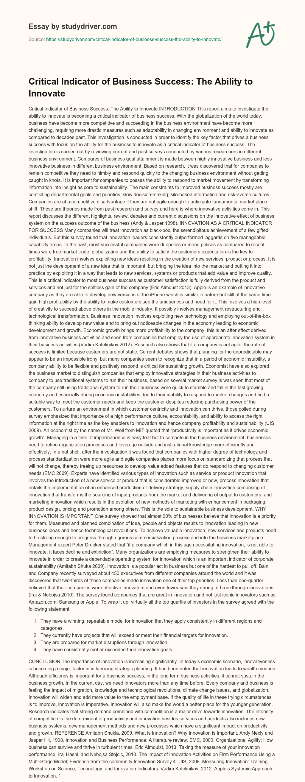 Critical Indicator of Business Success: the Ability to Innovate essay