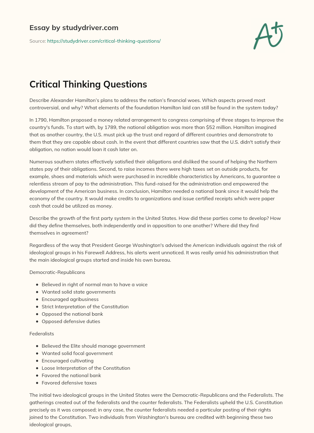 Critical Thinking Questions essay