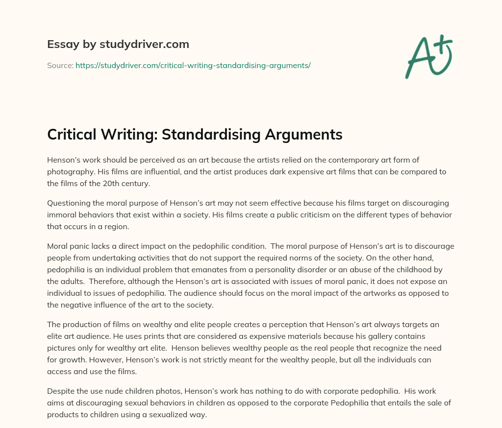 Critical Writing: Standardising Arguments essay