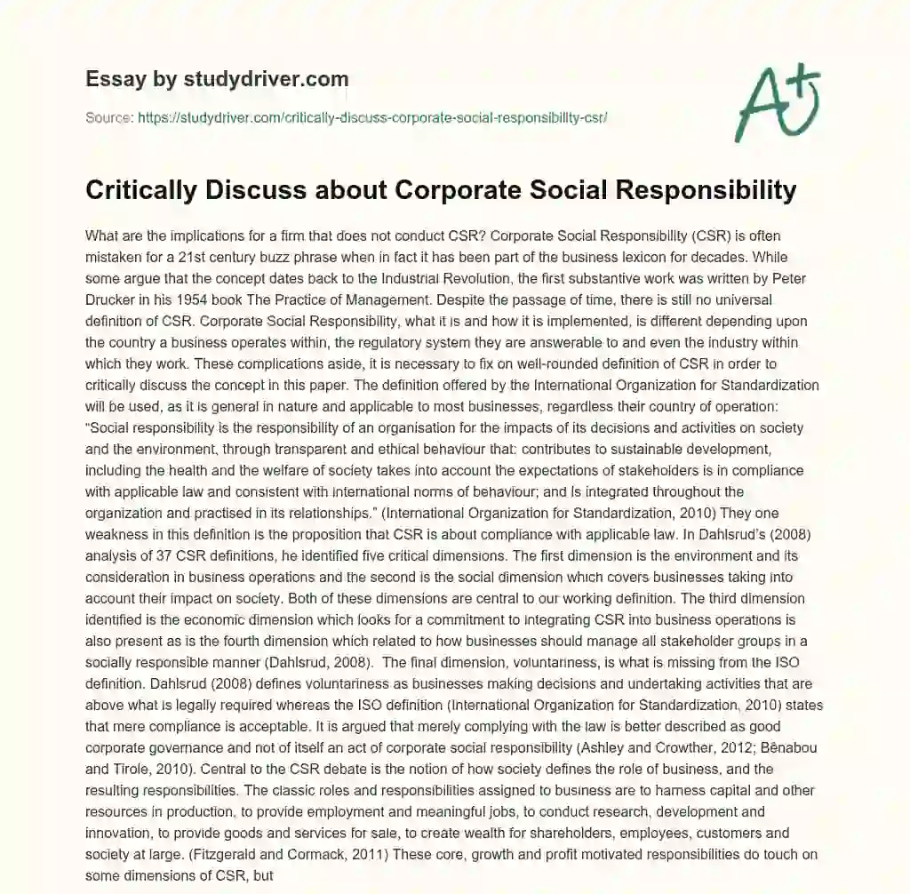 Corporate Social Responsibility Essay Example essay
