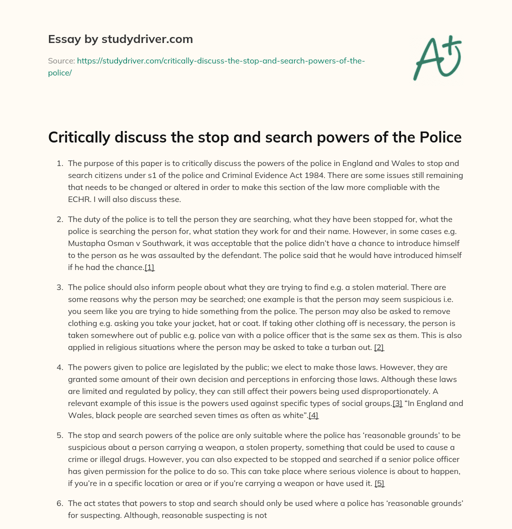 Critically Discuss the Stop and Search Powers of the Police essay