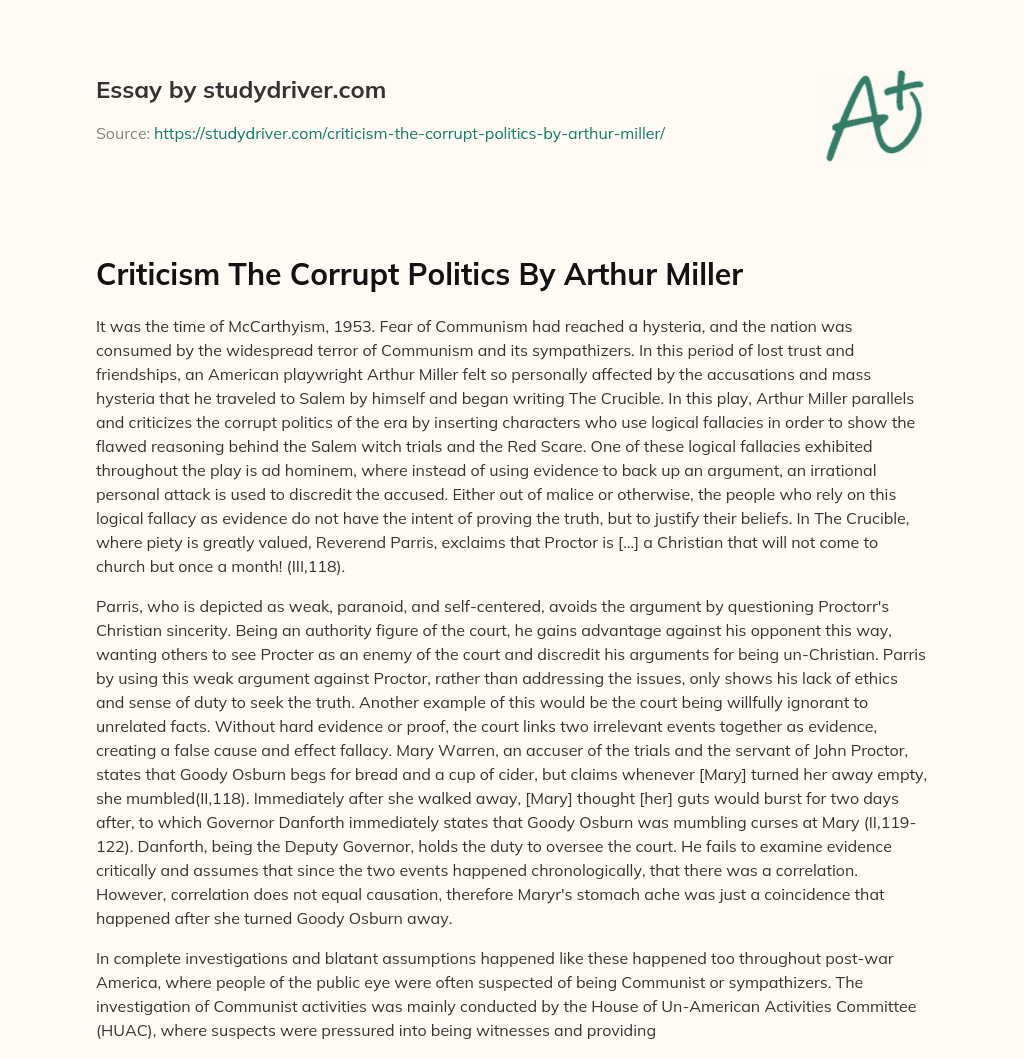 Criticism the Corrupt Politics by Arthur Miller essay