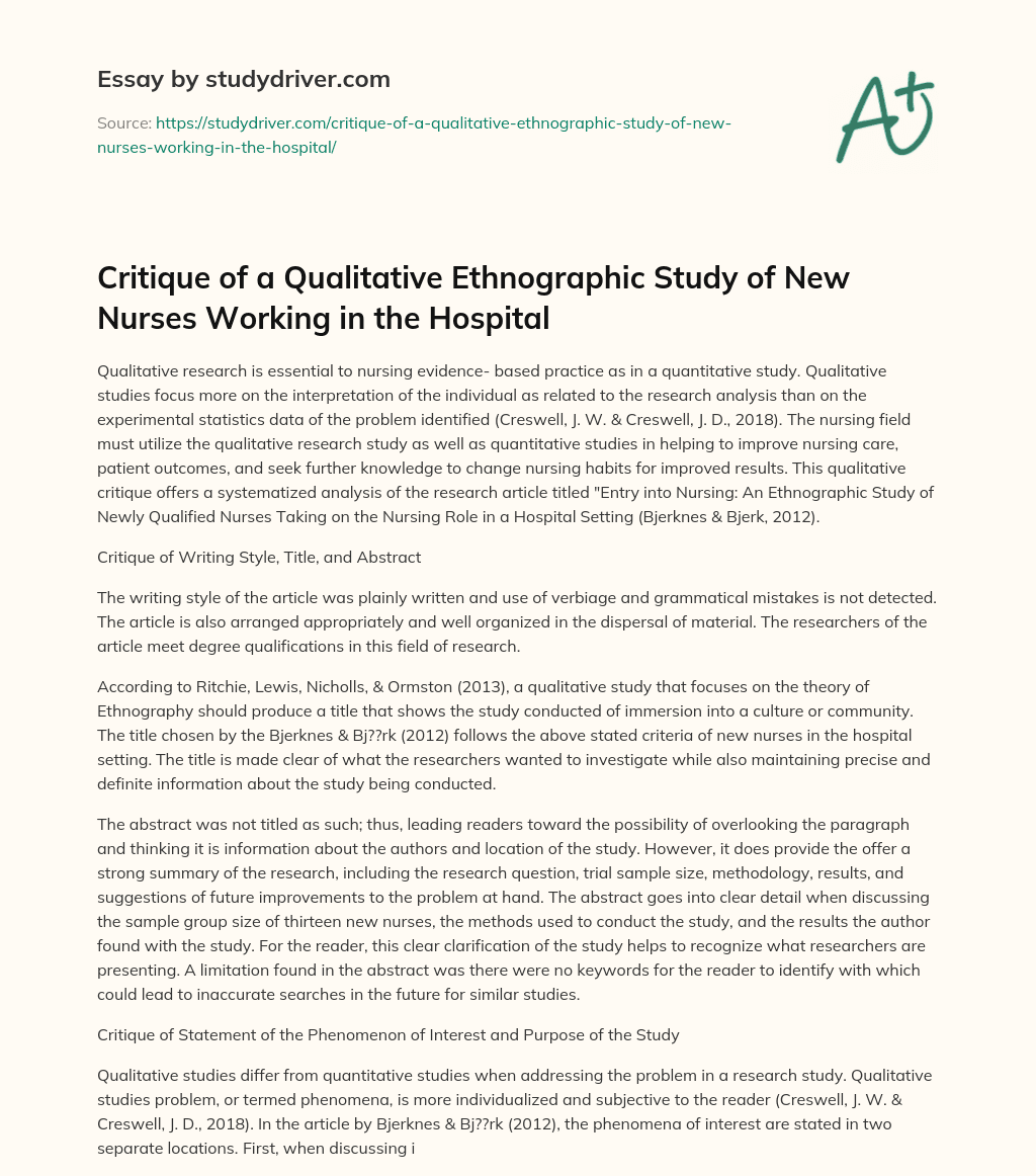 Critique of a Qualitative Ethnographic Study of New Nurses Working in the Hospital essay