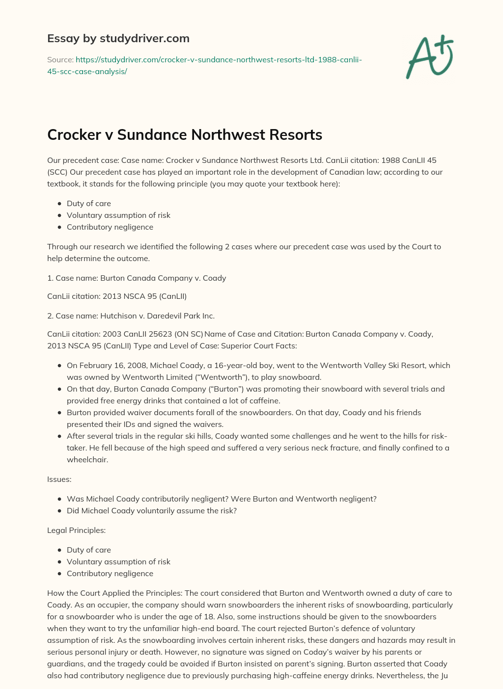 Crocker V Sundance Northwest Resorts essay