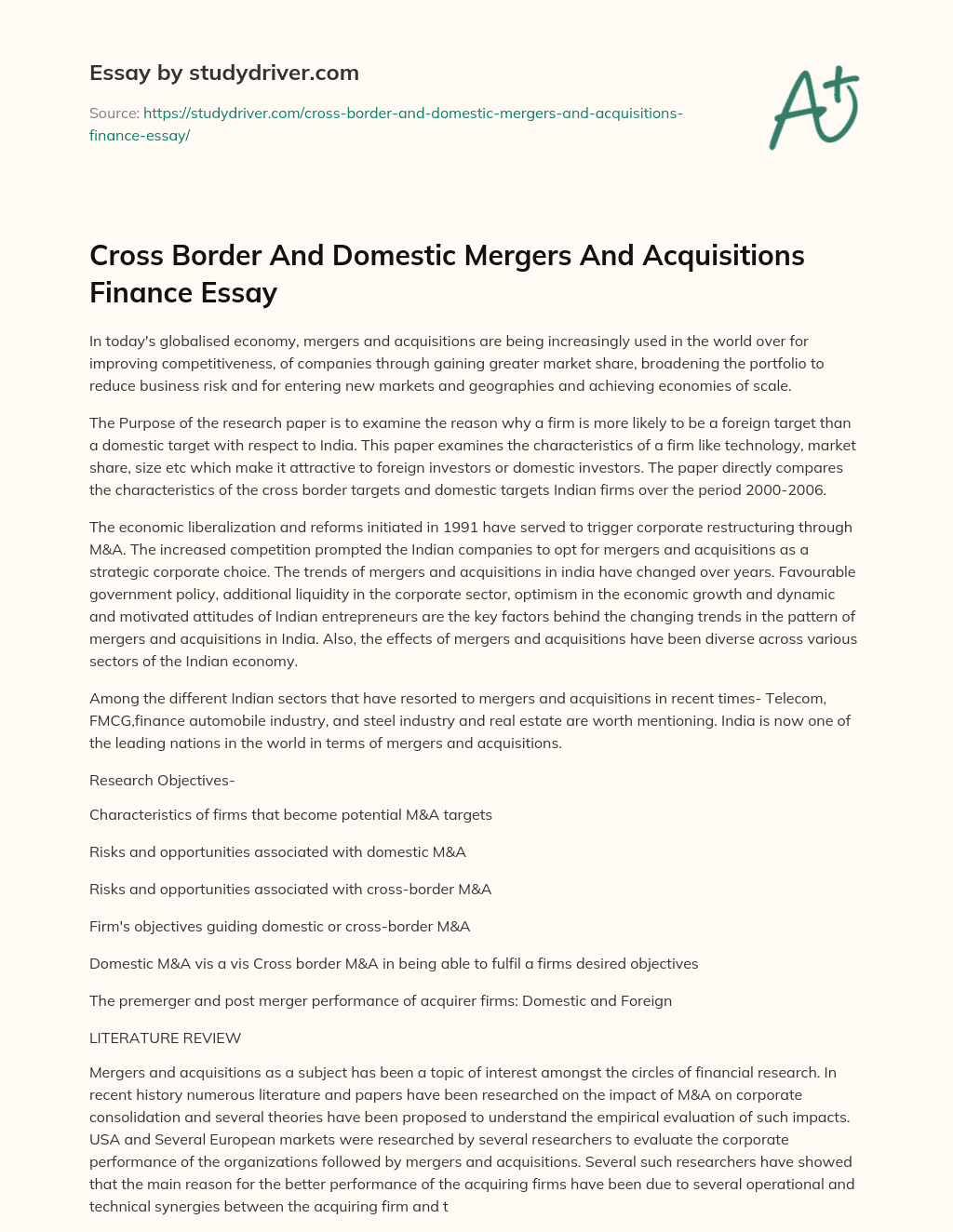 Cross Border and Domestic Mergers and Acquisitions Finance Essay essay