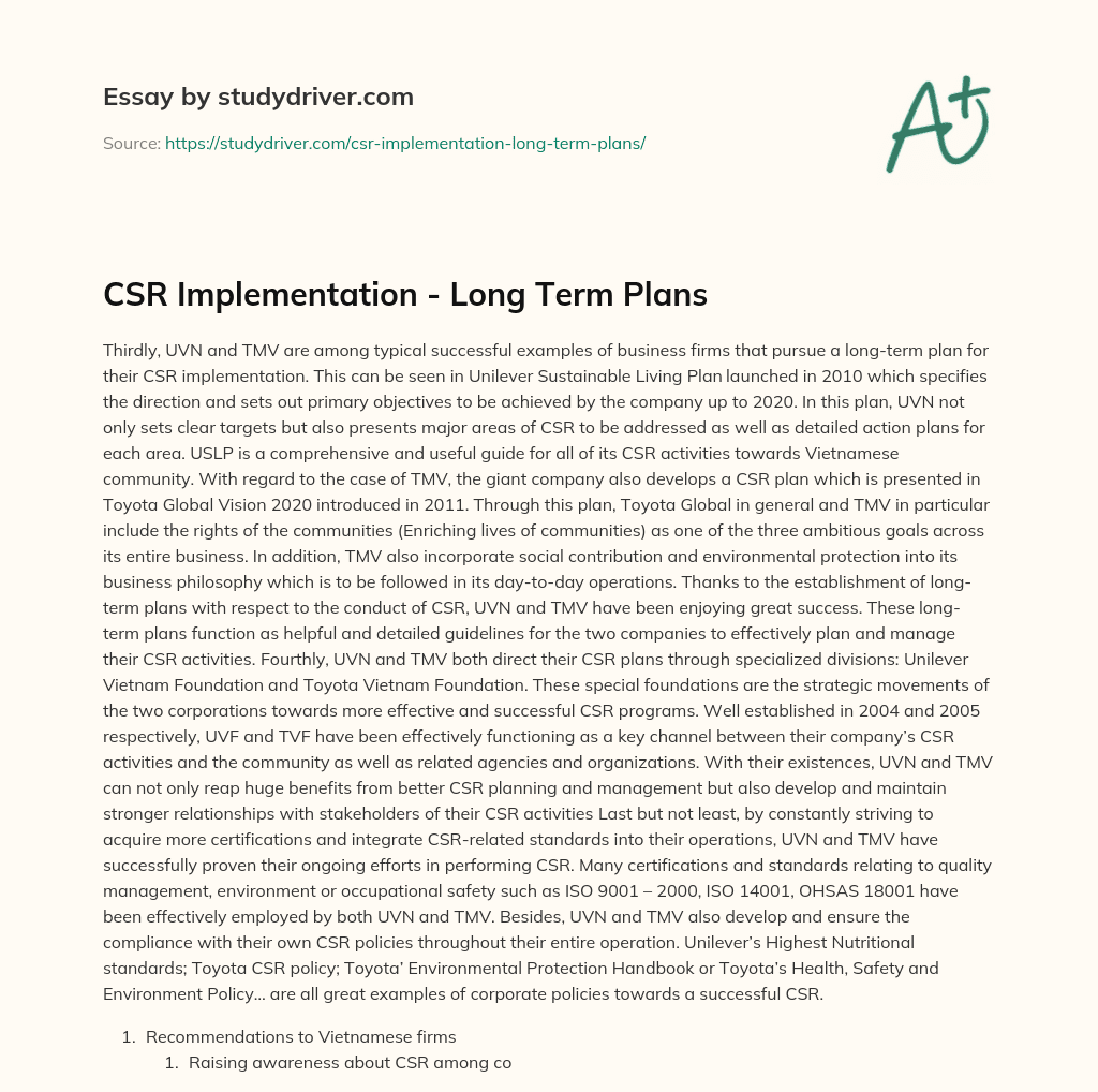 CSR Implementation – Long Term Plans essay