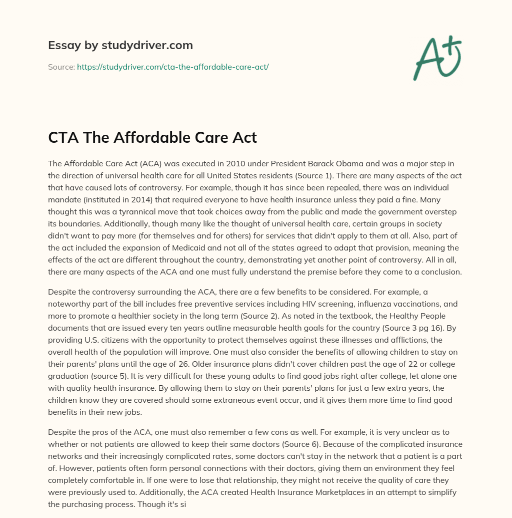 CTA the Affordable Care Act essay