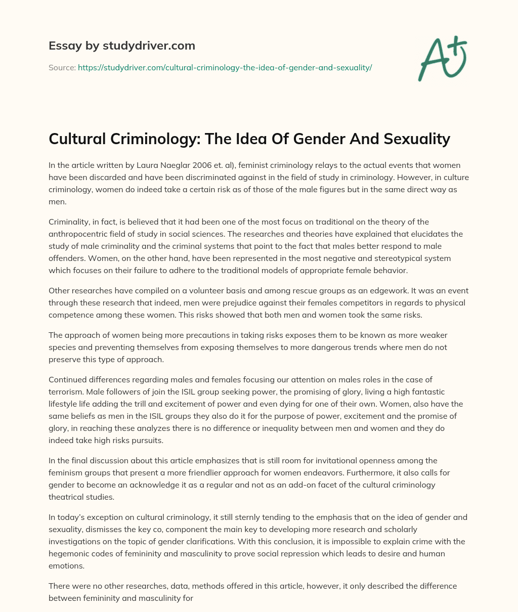 Cultural Criminology: the Idea of Gender and Sexuality essay