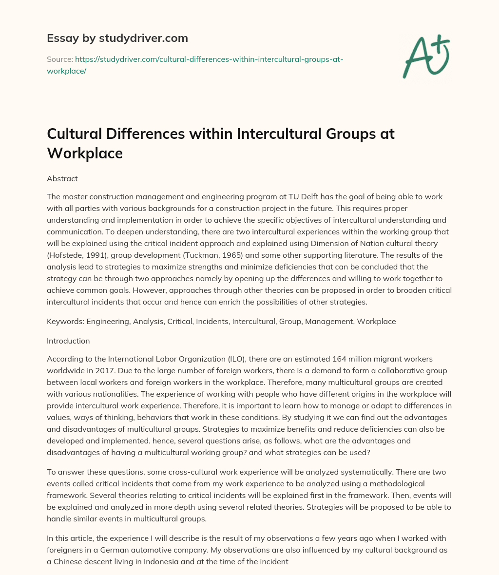 Cultural Differences Within Intercultural Groups at Workplace essay