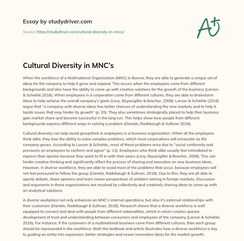Cultural Diversity in MNC’s essay