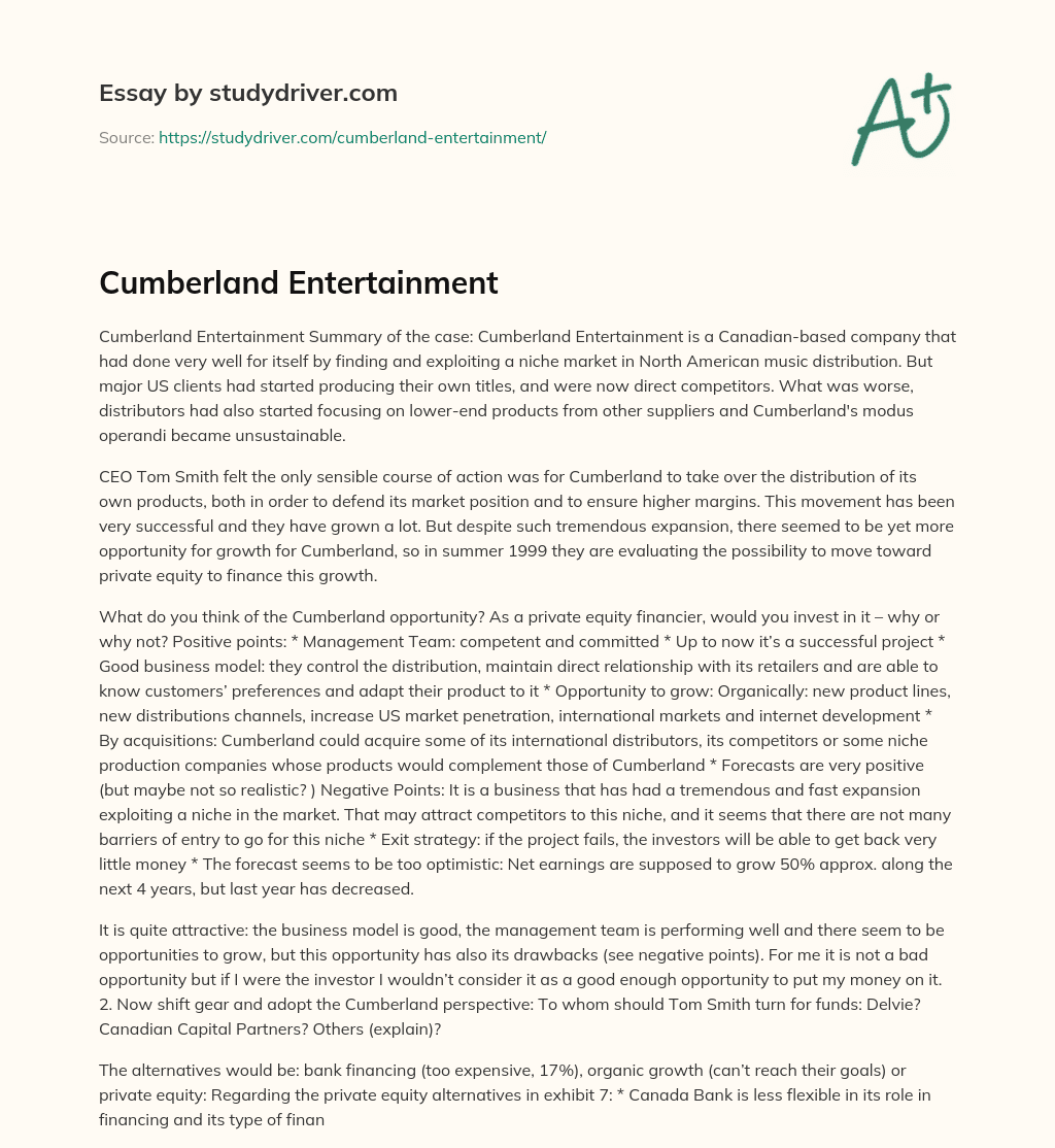 Cumberland Entertainment essay