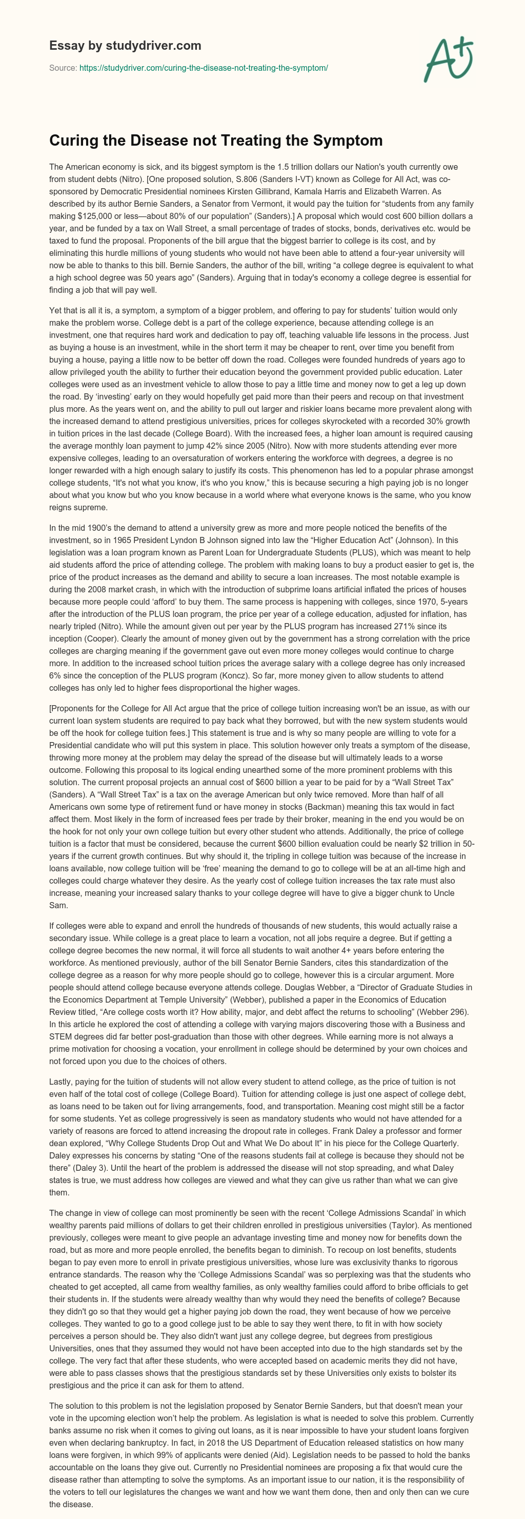 Curing the Disease not Treating the Symptom essay