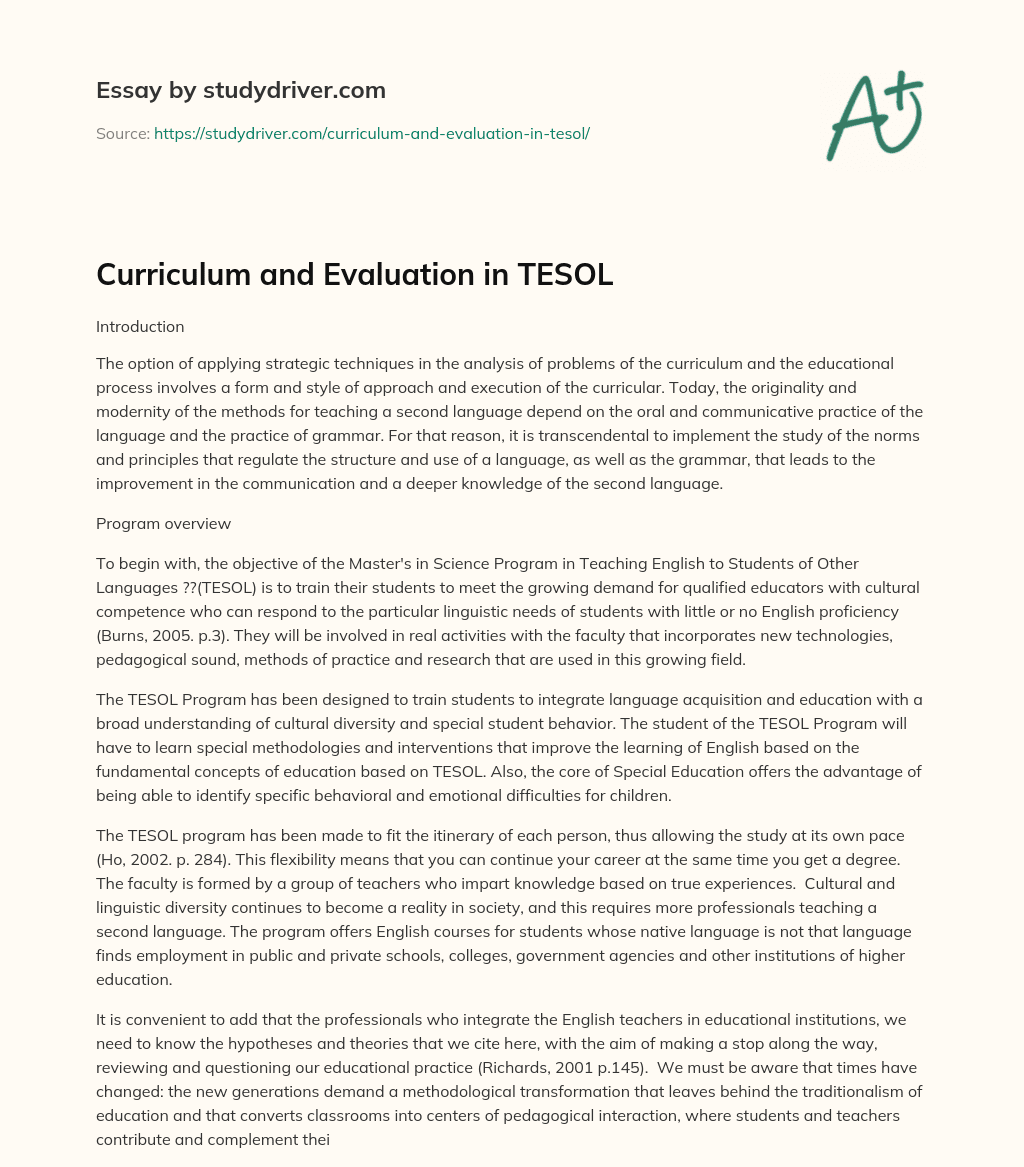 Curriculum and Evaluation in TESOL essay