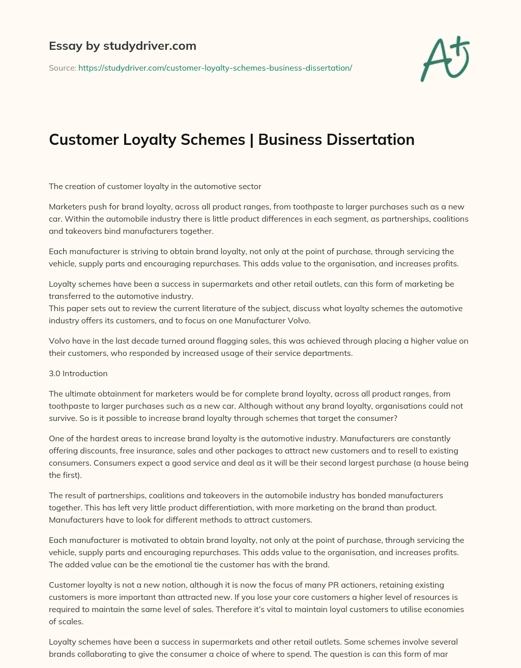 Customer Loyalty Schemes | Business Dissertation essay