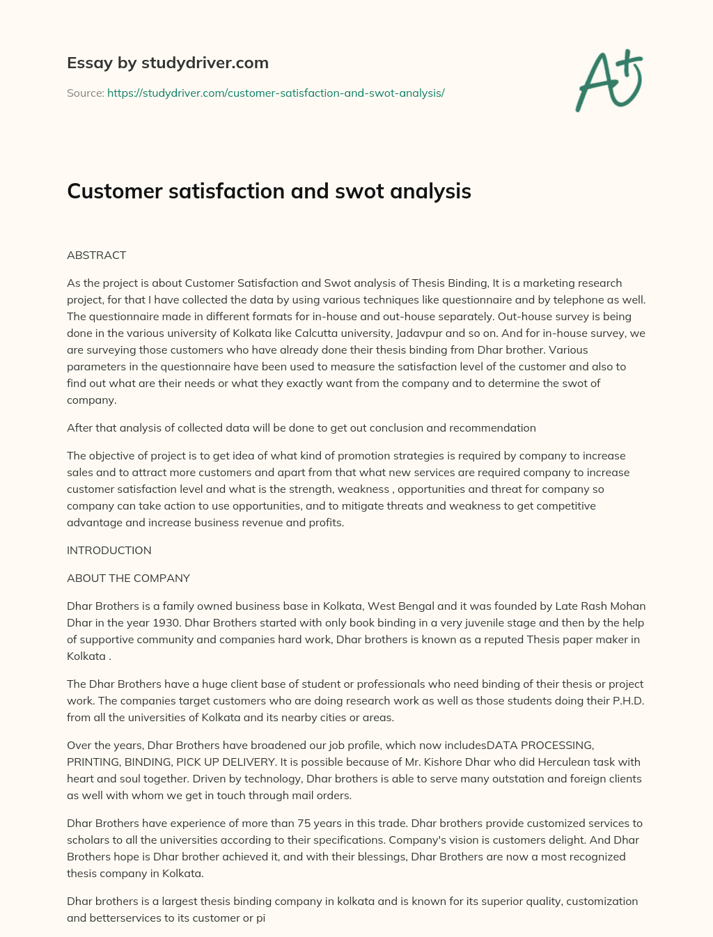 Customer Satisfaction and Swot Analysis essay