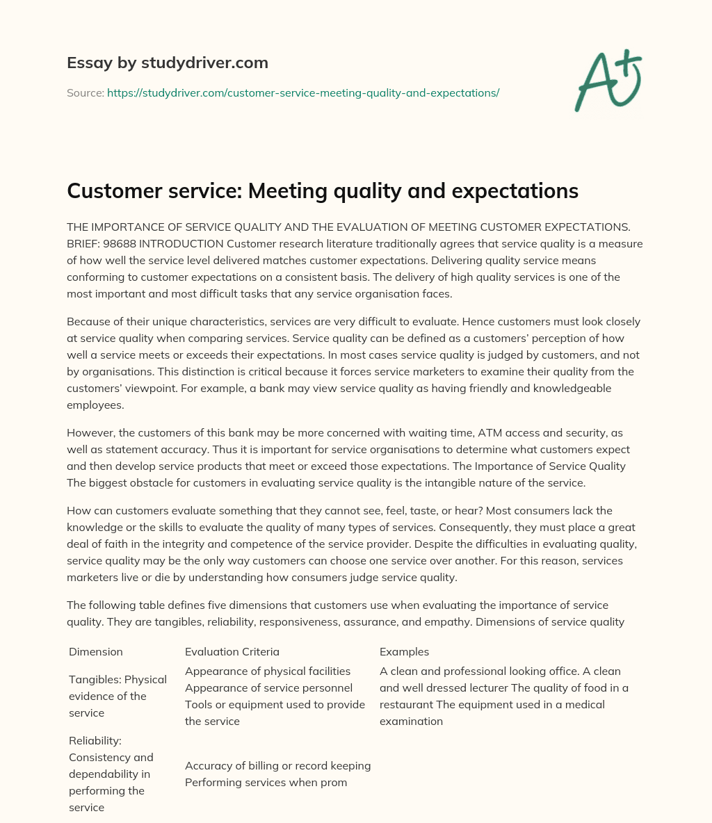 Customer Service: Meeting Quality and Expectations essay