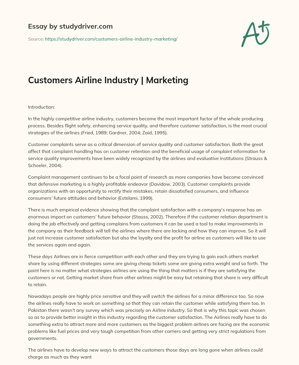 Customers Airline Industry | Marketing essay