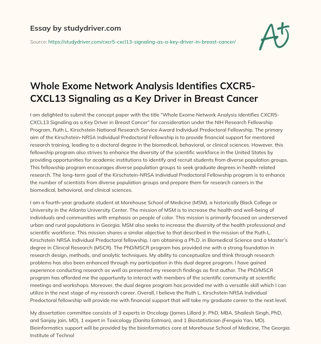 Whole Exome Network Analysis Identifies CXCR5-CXCL13 Signaling as a Key Driver in Breast Cancer essay