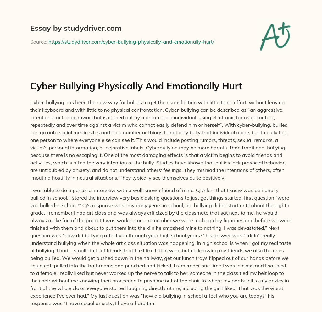 Cyber Bullying Physically and Emotionally Hurt essay