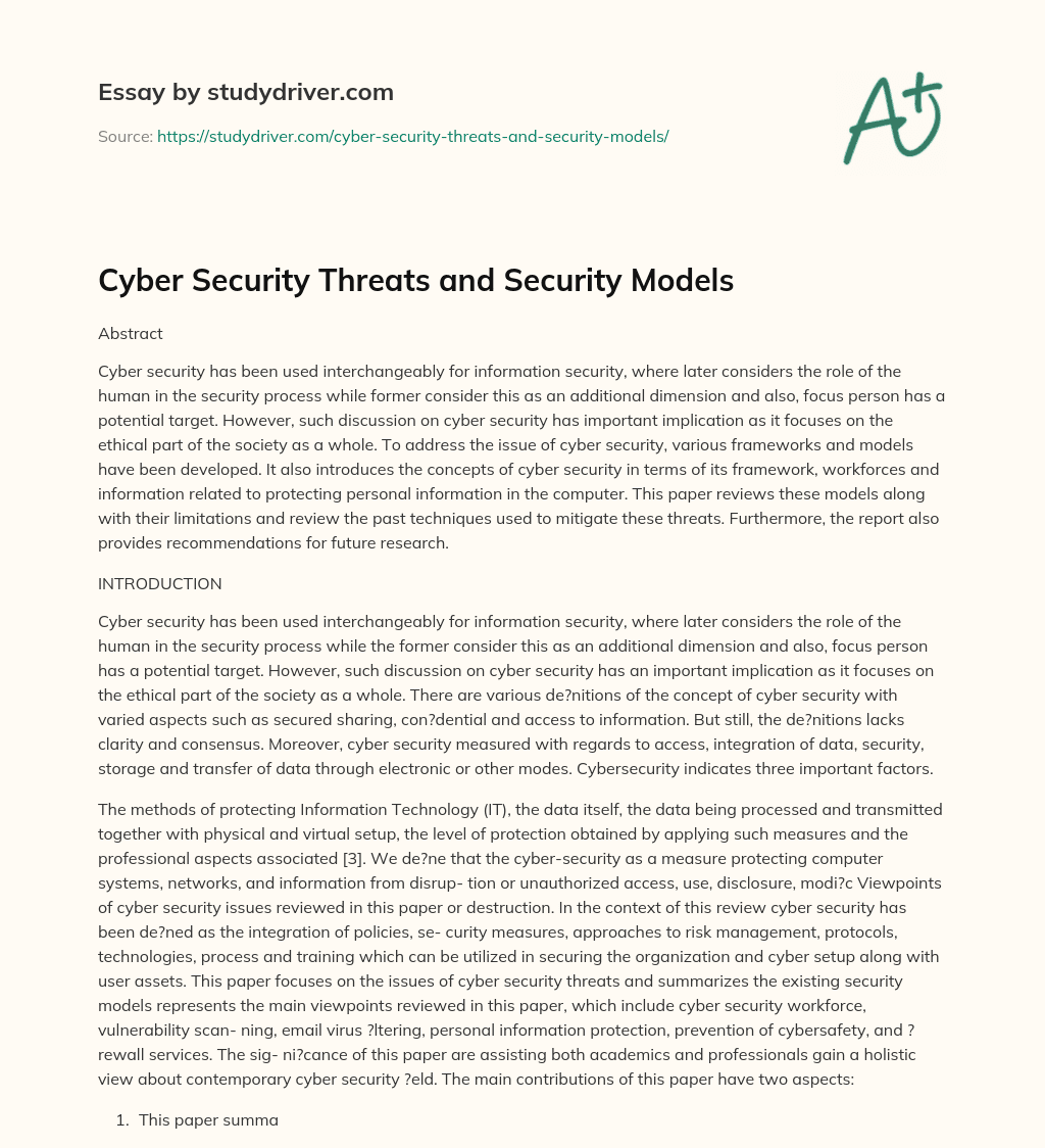 Cyber Security Threats and Security Models essay