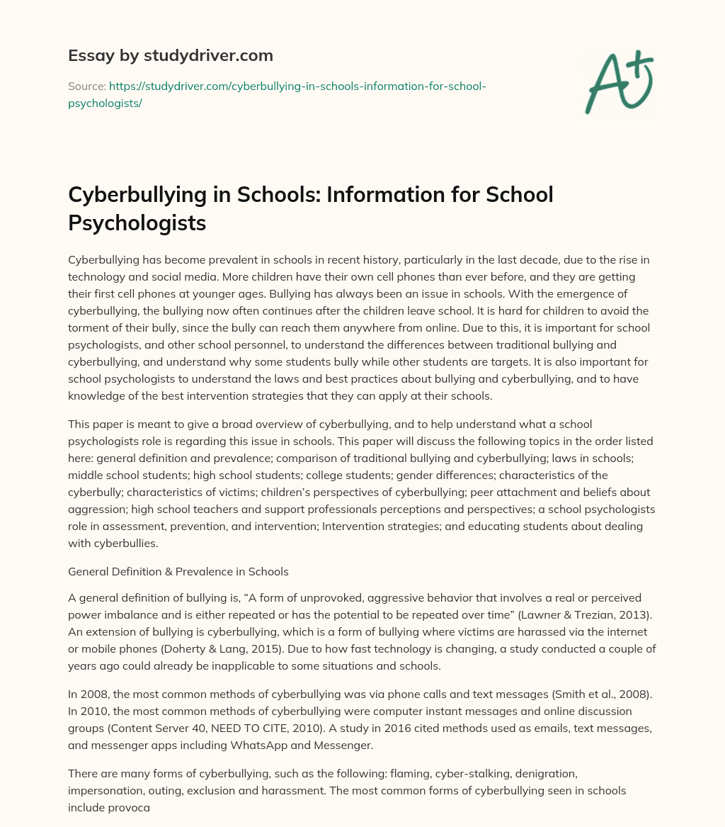 Cyberbullying in Schools: Information for School Psychologists essay