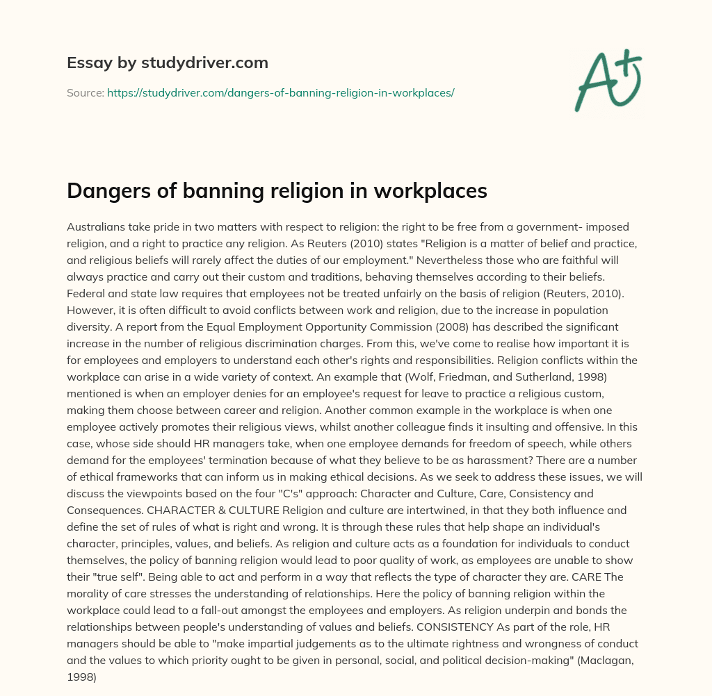 Dangers of Banning Religion in Workplaces essay