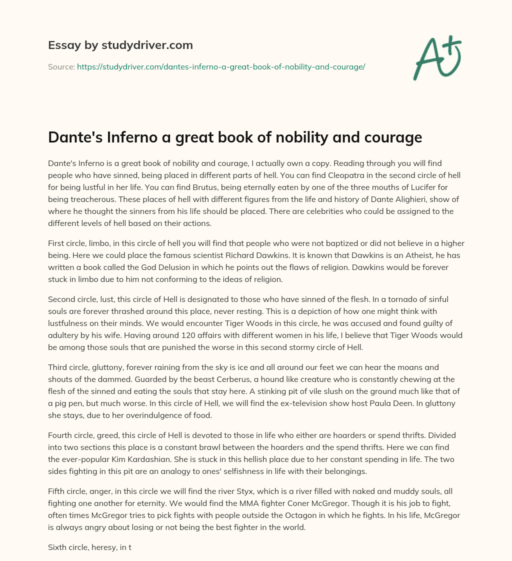 Dante’s Inferno a Great Book of Nobility and Courage essay