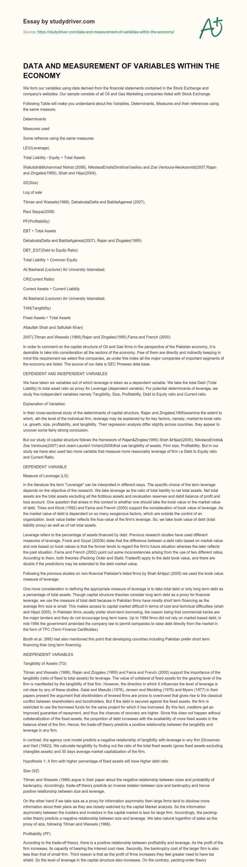 DATA and MEASUREMENT of VARIABLES WITHIN the ECONOMY essay