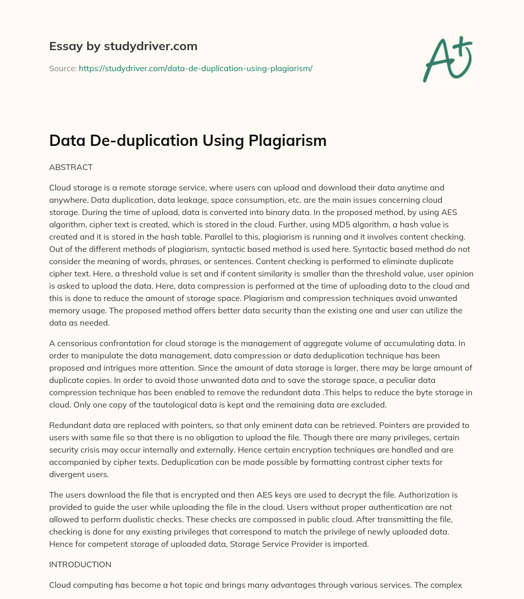 Data De-duplication Using Plagiarism essay