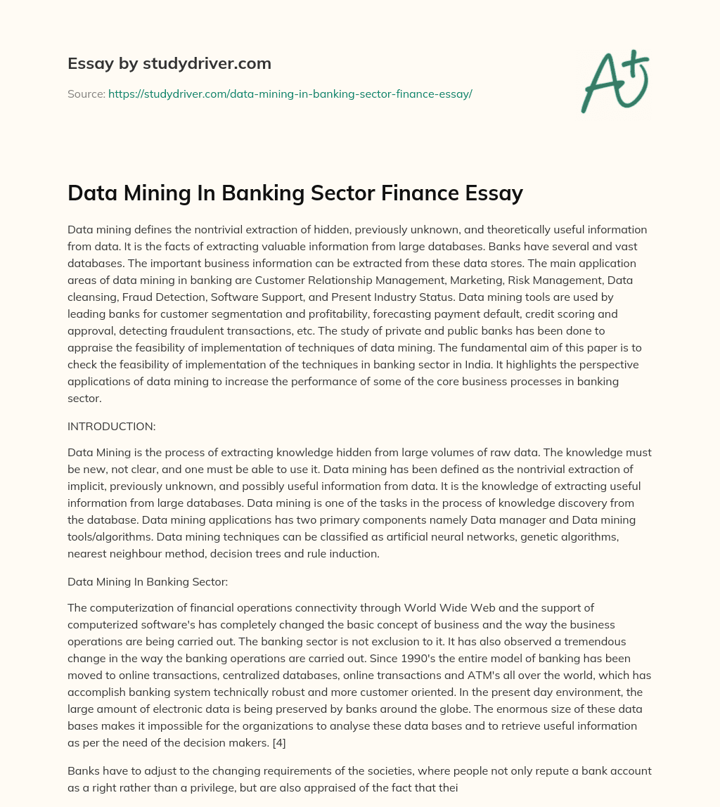 Data Mining in Banking Sector Finance Essay essay