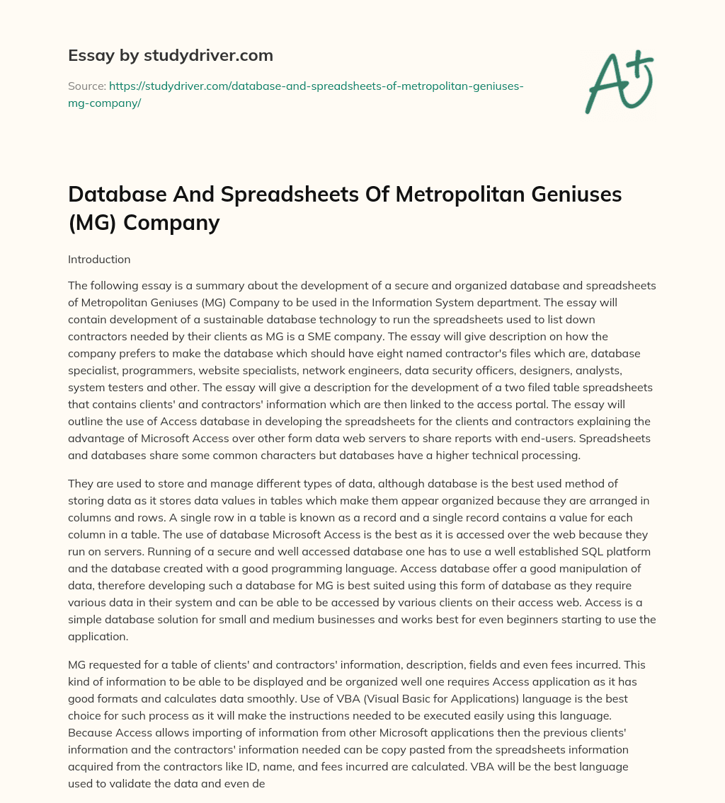 Database and Spreadsheets of Metropolitan Geniuses (MG) Company essay