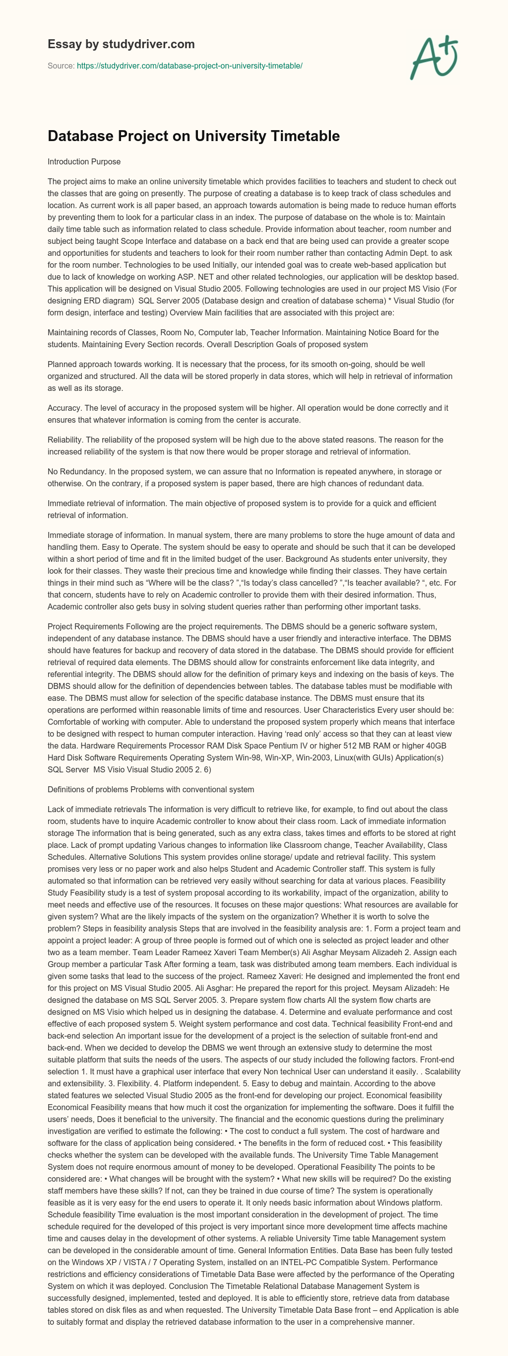 Database Project on University Timetable essay