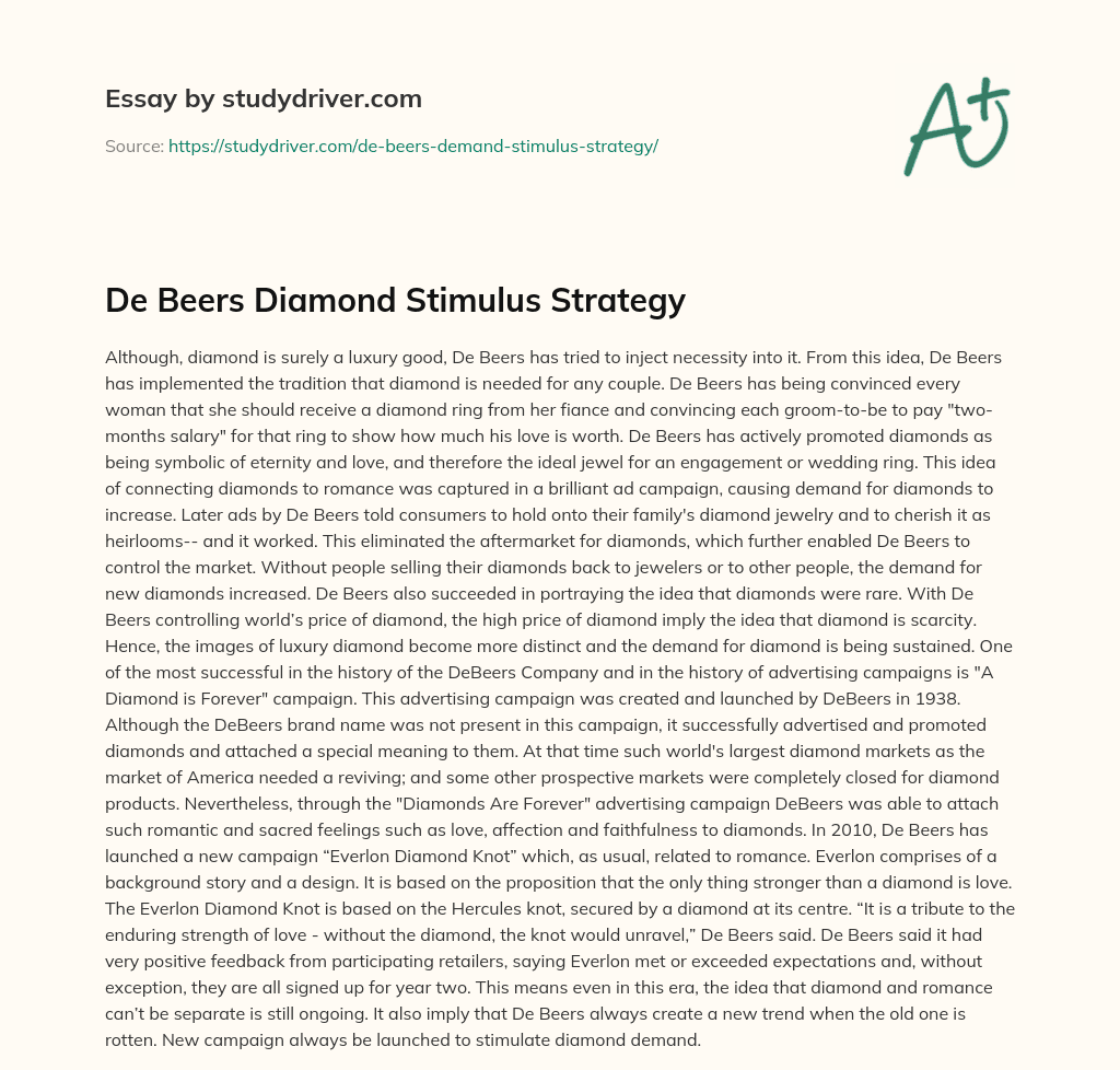 De Beers Diamond Stimulus Strategy essay