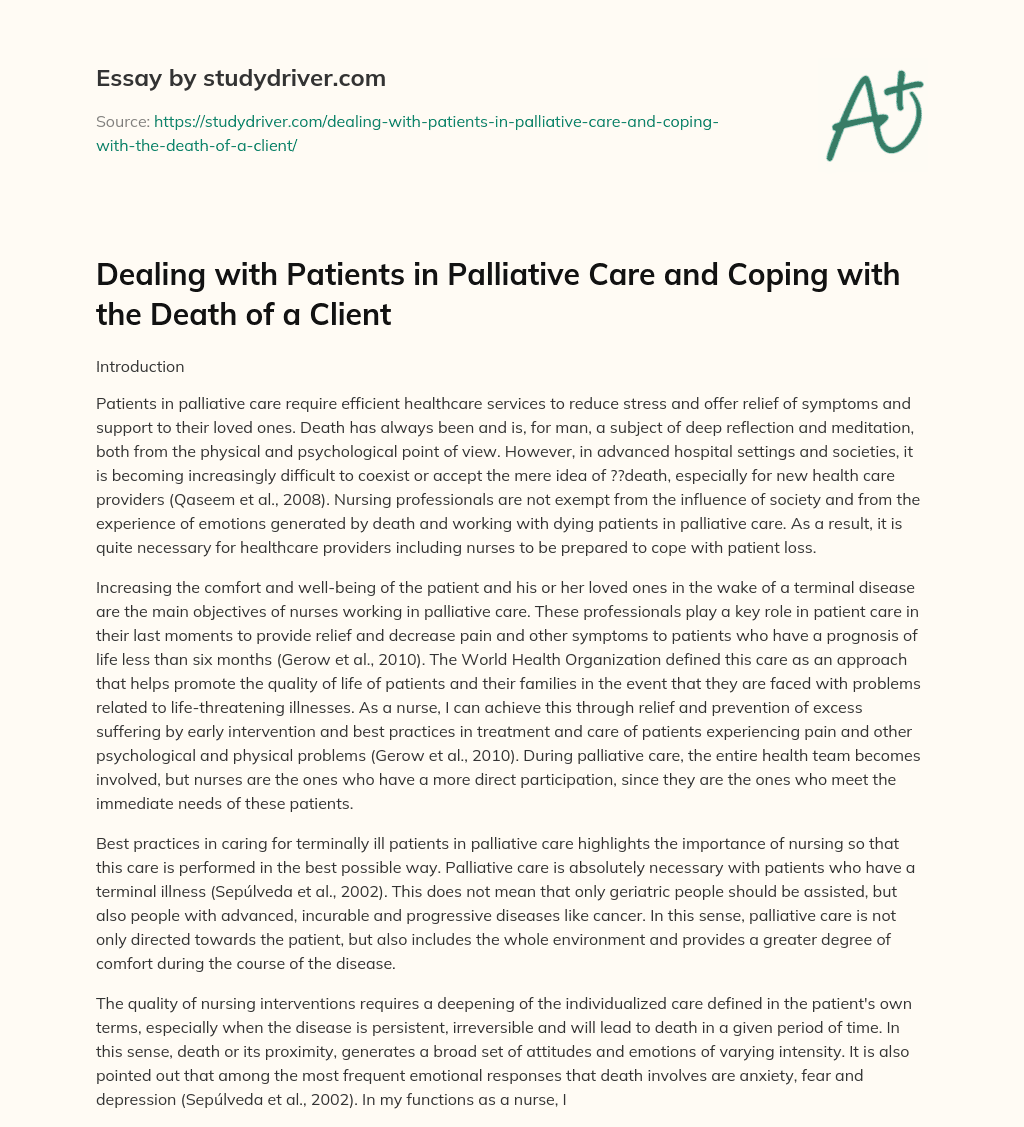 Dealing with Patients in Palliative Care and Coping with the Death of a Client essay