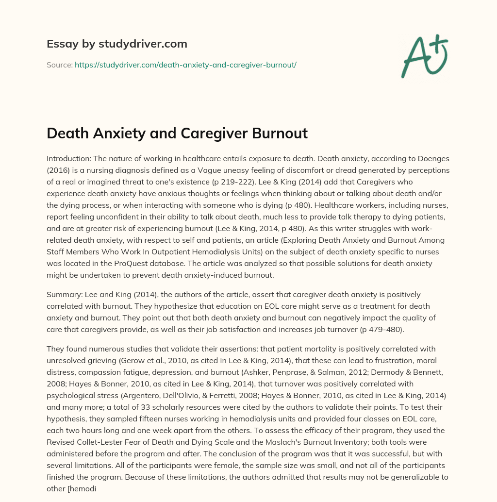 Death Anxiety and Caregiver Burnout essay