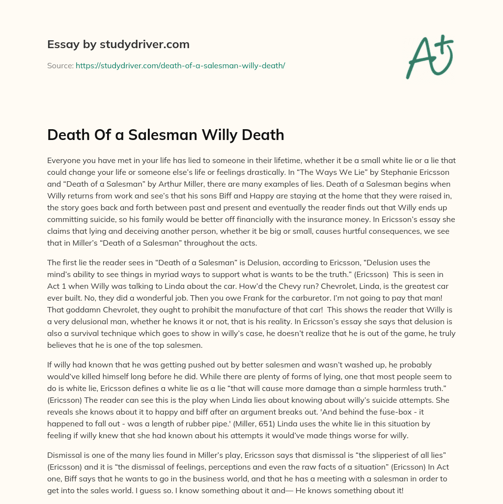 Death of a Salesman Willy Death essay