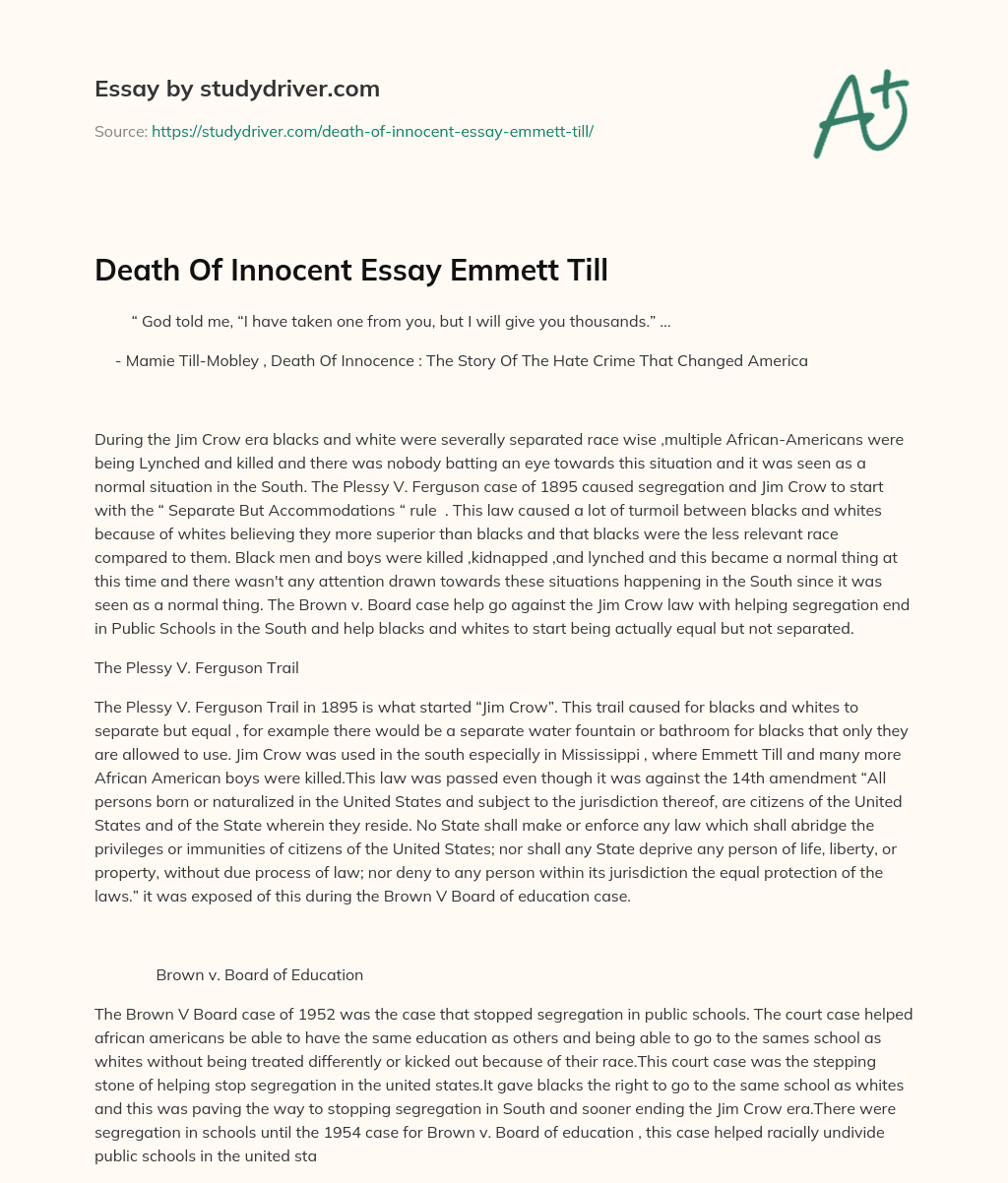 Death of Innocent Essay Emmett Till essay