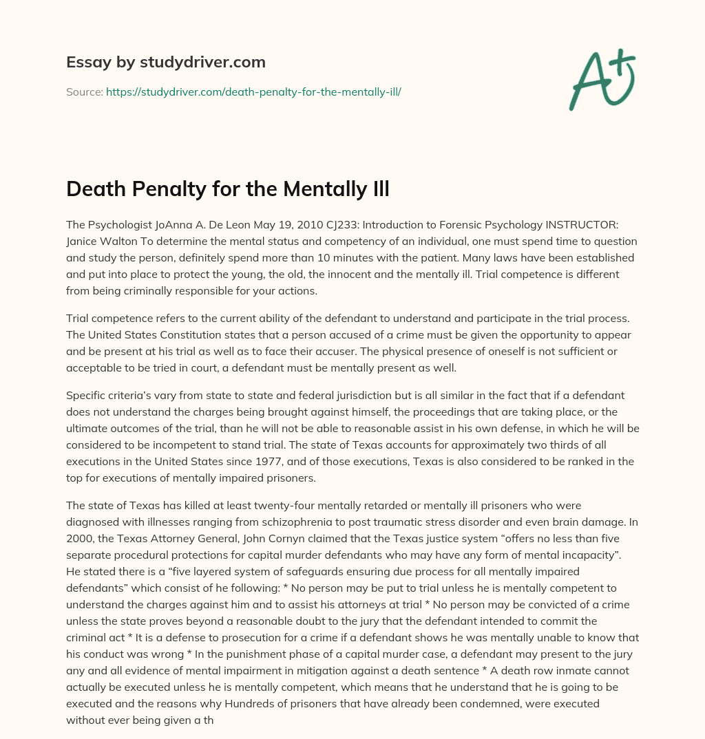 Death Penalty for the Mentally Ill essay
