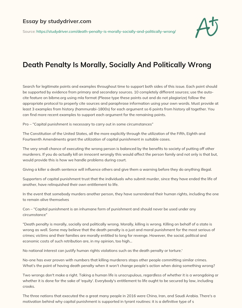 Death Penalty is Morally, Socially and Politically Wrong essay