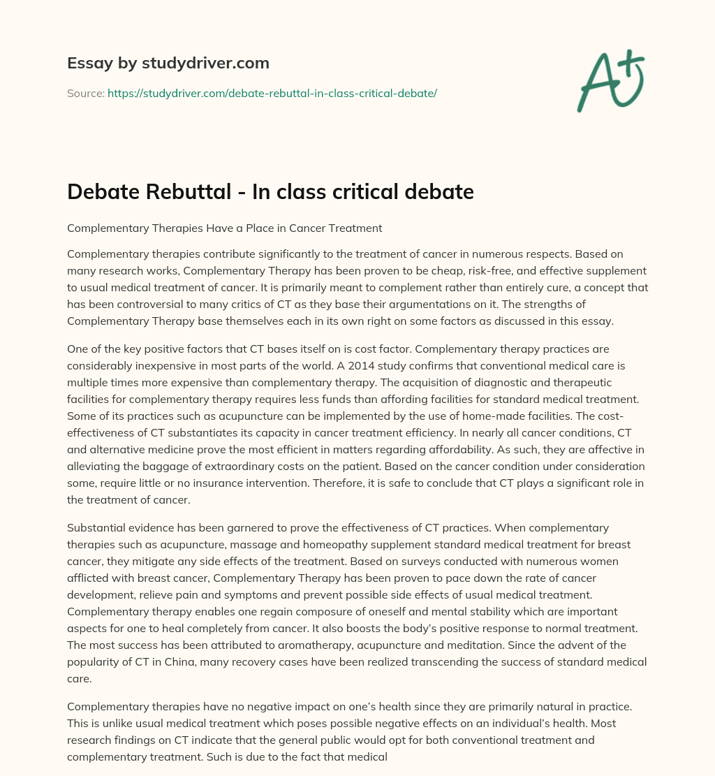Debate Rebuttal – in Class Critical Debate essay
